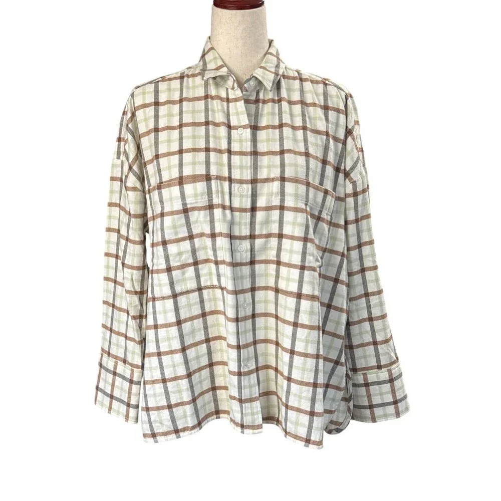 Everlane The Boxy Flannel Top~Size S~Tan Green Plaid Long Sleeve Shirt NWT L3 42 - Picture 2 of 8
